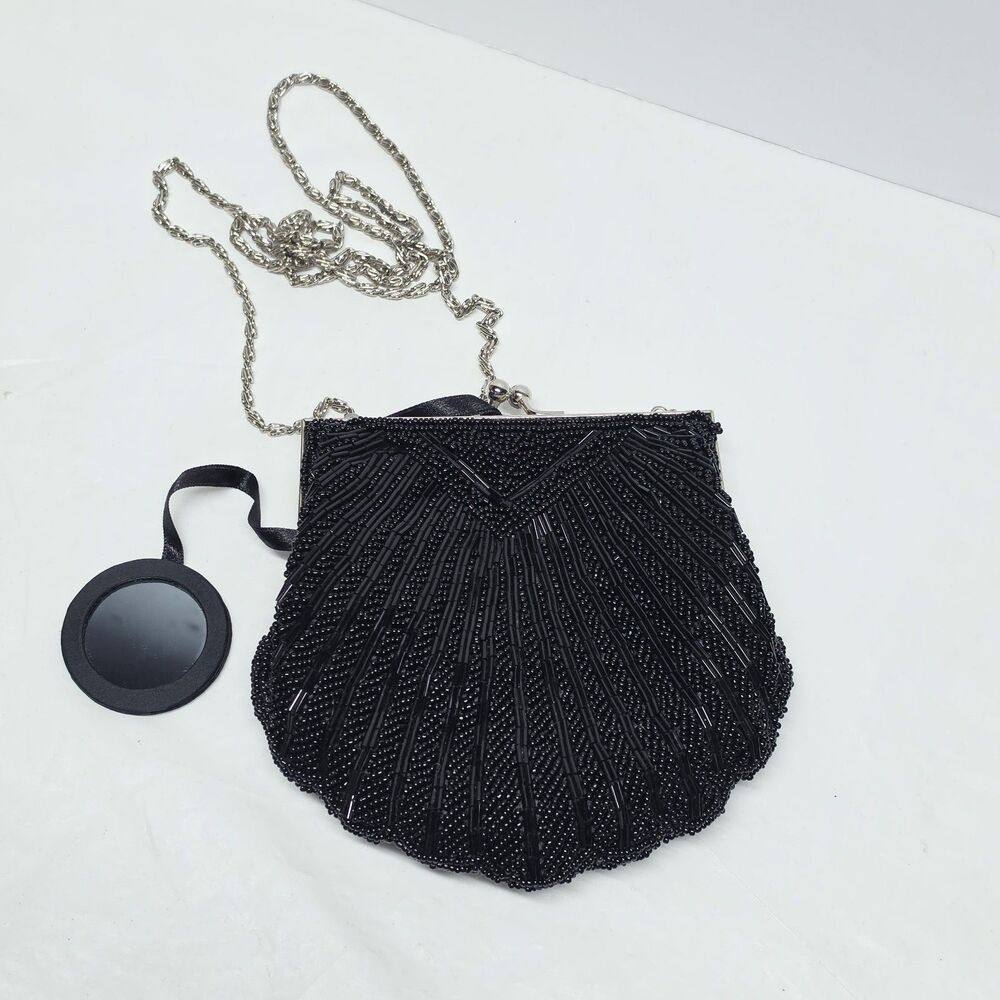 Apt 9 Black Beaded Evening Purse Kisslock Clutch With Chain Strap And Mirror
